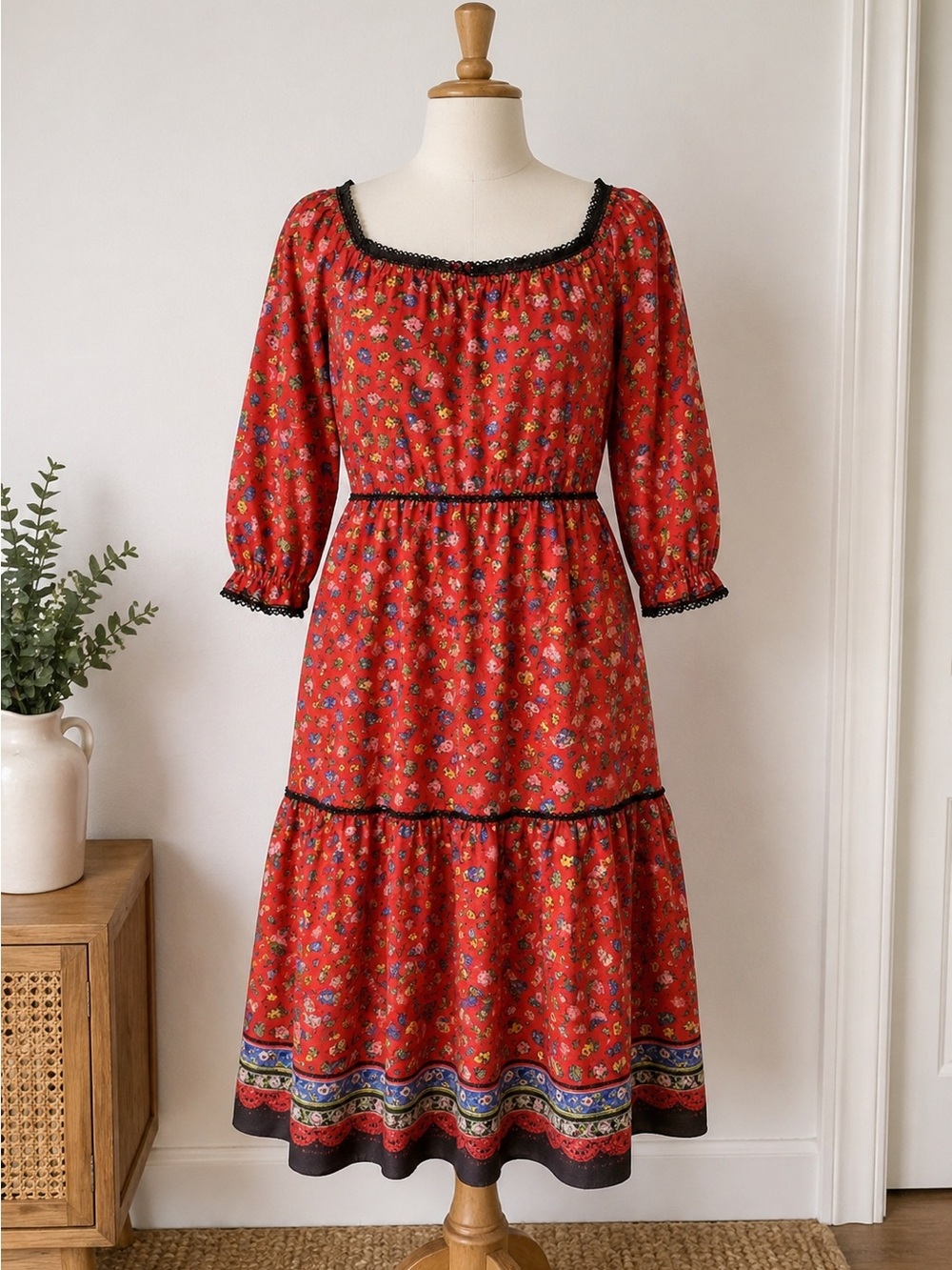 Vintage Dutchness Red Floral Prairie Dress Petite Cottagecore Boho Cotton